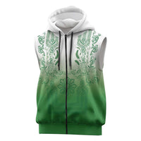 Philippines Barong Style Sleeveless Zip Hoodie with Polynesian Art and Leaf Motif Green Color