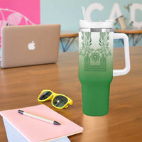 Philippines Barong Style Tumbler With Handle with Polynesian Art and Leaf Motif Green Color