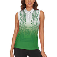 Philippines Barong Style Women Sleeveless Polo Shirt with Polynesian Art and Leaf Motif Green Color LT03 - Polynesian Pride