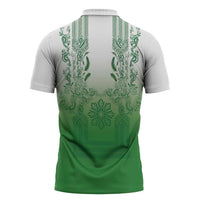 Philippines Barong Style Zipper Polo Shirt with Polynesian Art and Leaf Motif Green Color