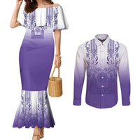 Philippines Barong Style Couples Matching Mermaid Dress and Long Sleeve Button Shirt with Polynesian Art and Leaf Motif Purple Color