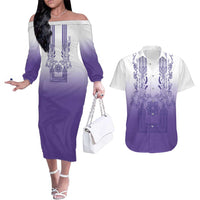 Philippines Barong Style Couples Matching Off The Shoulder Long Sleeve Dress and Hawaiian Shirt with Polynesian Art and Leaf Motif Purple Color