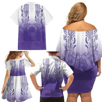 Philippines Barong Style Family Matching Off Shoulder Short Dress and Hawaiian Shirt with Polynesian Art and Leaf Motif Purple Color