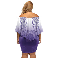 Philippines Barong Style Family Matching Off Shoulder Short Dress and Hawaiian Shirt with Polynesian Art and Leaf Motif Purple Color
