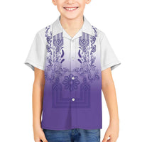 Philippines Barong Style Family Matching Tank Maxi Dress and Hawaiian Shirt with Polynesian Art and Leaf Motif Purple Color LT03 Son's Shirt Purple - Polynesian Pride