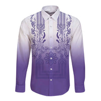 Philippines Barong Style Long Sleeve Button Shirt with Polynesian Art and Leaf Motif Purple Color