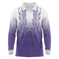 Philippines Barong Style Long Sleeve Polo Shirt with Polynesian Art and Leaf Motif Purple Color LT03 Purple - Polynesian Pride