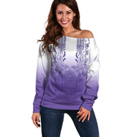 Philippines Barong Style Off Shoulder Sweater with Polynesian Art and Leaf Motif Purple Color