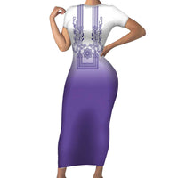 Philippines Barong Style Short Sleeve Bodycon Dress with Polynesian Art and Leaf Motif Purple Color