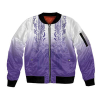 Philippines Barong Style Sleeve Zip Bomber Jacket with Polynesian Art and Leaf Motif Purple Color