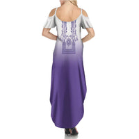 Philippines Barong Style Summer Maxi Dress with Polynesian Art and Leaf Motif Purple Color