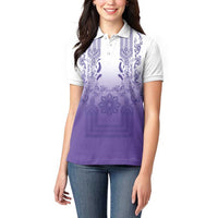 Philippines Barong Style Women Polo Shirt with Polynesian Art and Leaf Motif Purple Color
