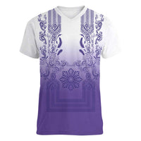 Philippines Barong Style Women V-Neck T-Shirt with Polynesian Art and Leaf Motif Purple Color