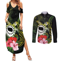 Kia Orana Cook Islands Couples Matching Summer Maxi Dress and Long Sleeve Button Shirt Turtle and Hibiscus Polynesian Pattern