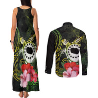 Kia Orana Cook Islands Couples Matching Tank Maxi Dress and Long Sleeve Button Shirt Turtle and Hibiscus Polynesian Pattern
