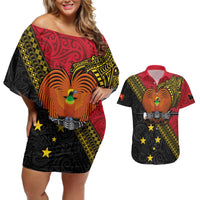 Papua new Guinea Goroka Show Couples Matching Off Shoulder Short Dress and Hawaiian Shirt Bird-of-paradise and Melanesian Tattoo Pattern