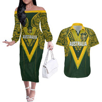 Australia Rugby Custom Couples Matching Off The Shoulder Long Sleeve Dress and Hawaiian Shirt Aboriginal Art Sporty Style - Polynesian Pride