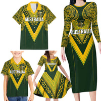 Australia Rugby Custom Family Matching Long Sleeve Bodycon Dress and Hawaiian Shirt Aboriginal Art Sporty Style - Polynesian Pride