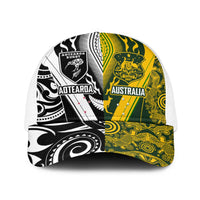 Aotearoa Australia Rugby Baseball Net Cap Maori and Aboriginal Art Sporty Style LT03 One Size White Green - Polynesian Pride