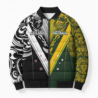 Aotearoa Australia Rugby Custom Bomber Puffer Jacket Maori and Aboriginal Art Sporty Style - Polynesian Pride
