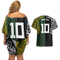 Aotearoa Australia Rugby Custom Couples Matching Off Shoulder Short Dress and Hawaiian Shirt Maori and Aboriginal Art Sporty Style - Polynesian Pride