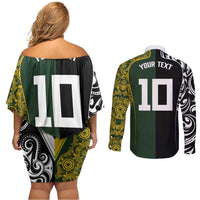 Aotearoa Australia Rugby Custom Couples Matching Off Shoulder Short Dress and Long Sleeve Button Shirt Maori and Aboriginal Art Sporty Style - Polynesian Pride