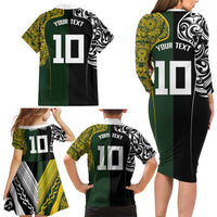 Aotearoa Australia Rugby Custom Family Matching Long Sleeve Bodycon Dress and Hawaiian Shirt Maori and Aboriginal Art Sporty Style - Polynesian Pride