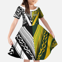 Aotearoa Australia Rugby Custom Family Matching Short Sleeve Bodycon Dress and Hawaiian Shirt Maori and Aboriginal Art Sporty Style - Polynesian Pride