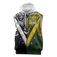 Aotearoa Australia Rugby Custom Sleeveless Zip Hoodie Maori and Aboriginal Art Sporty Style LT03 Green - Polynesian Pride