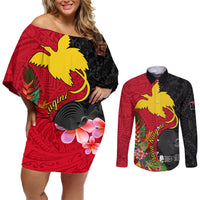 Papua New Guinea Couples Matching Off Shoulder Short Dress and Long Sleeve Button Shirts Birds Of Paradise Mix Tropical Flower Polynesian Pattern LT03 Red - Polynesian Pride