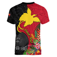 Custom Papua New Guinea Women V Neck T Shirt Birds Of Paradise Mix Tropical Flower Polynesian Pattern LT03 - Polynesian Pride