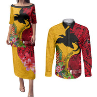 Papua New Guinea Couples Matching Puletasi Dress and Long Sleeve Button Shirts Birds Of Paradise Mix Tropical Flower Polynesian Pattern LT03 Yellow - Polynesian Pride