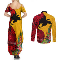 Papua New Guinea Couples Matching Summer Maxi Dress and Long Sleeve Button Shirts Birds Of Paradise Mix Tropical Flower Polynesian Pattern LT03 - Polynesian Pride