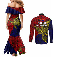 Papua New Guinea Central Province Couples Matching Mermaid Dress and Long Sleeve Button Shirts PNG Birds Of Paradise Polynesian Arty Style LT03 - Polynesian Pride