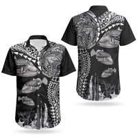 Hawaiian Reef Triggerfish Couples Matching Off Shoulder Short Dress and Hawaiian Shirt Polynesian Art with Tribal Humuhumunukunukuapua'a LT03 - Polynesian Pride
