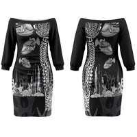 Hawaiian Reef Triggerfish Couples Matching Off The Shoulder Long Sleeve Dress and Hawaiian Shirt Polynesian Art with Tribal Humuhumunukunukuapua'a LT03 - Polynesian Pride