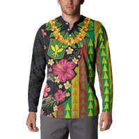 Hawaiian Independence Day Button Sweatshirt Kanaka Maoli Symbols With Tapa Motifs and Tropical Plants - Polynesian Pride