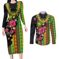 Hawaiian Independence Day Couples Matching Long Sleeve Bodycon Dress and Long Sleeve Button Shirt Kanaka Maoli Symbols With Tapa Motifs and Tropical Plants - Polynesian Pride