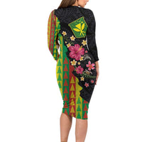 Hawaiian Independence Day Family Matching Long Sleeve Bodycon Dress and Hawaiian Shirt Kanaka Maoli Symbols With Tapa Motifs and Tropical Plants - Polynesian Pride