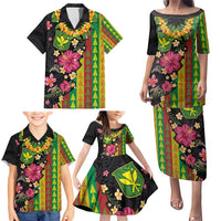 Hawaiian Independence Day Family Matching Puletasi and Hawaiian Shirt Kanaka Maoli Symbols With Tapa Motifs and Tropical Plants - Polynesian Pride