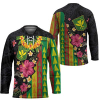 Hawaiian Independence Day Hockey Jersey Kanaka Maoli Symbols With Tapa Motifs and Tropical Plants - Polynesian Pride