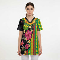 Hawaiian Independence Day Scrub Top Kanaka Maoli Symbols With Tapa Motifs and Tropical Plants - Polynesian Pride