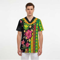Hawaiian Independence Day Scrub Top Kanaka Maoli Symbols With Tapa Motifs and Tropical Plants - Polynesian Pride