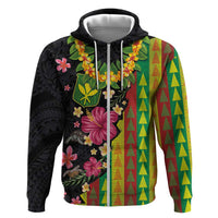 Hawaiian Independence Day Zip Hoodie Kanaka Maoli Symbols With Tapa Motifs and Tropical Plants - Polynesian Pride