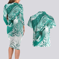 Personalised New Zealand Aotearoa Darts Masters Couples Matching Long Sleeve Bodycon Dress and Hawaiian Shirt Maori Art Tattoo with Tribal Dart Symbol Teal Color - Polynesian Pride