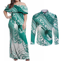 Personalised New Zealand Aotearoa Darts Masters Couples Matching Off Shoulder Maxi Dress and Long Sleeve Button Shirt Maori Art Tattoo with Tribal Dart Symbol Teal Color - Polynesian Pride