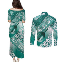 Personalised New Zealand Aotearoa Darts Masters Couples Matching Puletasi and Long Sleeve Button Shirt Maori Art Tattoo with Tribal Dart Symbol Teal Color - Polynesian Pride