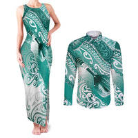 Personalised New Zealand Aotearoa Darts Masters Couples Matching Tank Maxi Dress and Long Sleeve Button Shirt Maori Art Tattoo with Tribal Dart Symbol Teal Color - Polynesian Pride