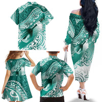 Personalised New Zealand Aotearoa Darts Masters Family Matching Off The Shoulder Long Sleeve Dress and Hawaiian Shirt Maori Art Tattoo with Tribal Dart Symbol Teal Color - Polynesian Pride