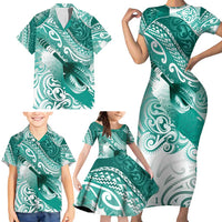 Personalised New Zealand Aotearoa Darts Masters Family Matching Short Sleeve Bodycon Dress and Hawaiian Shirt Maori Art Tattoo with Tribal Dart Symbol Teal Color - Polynesian Pride